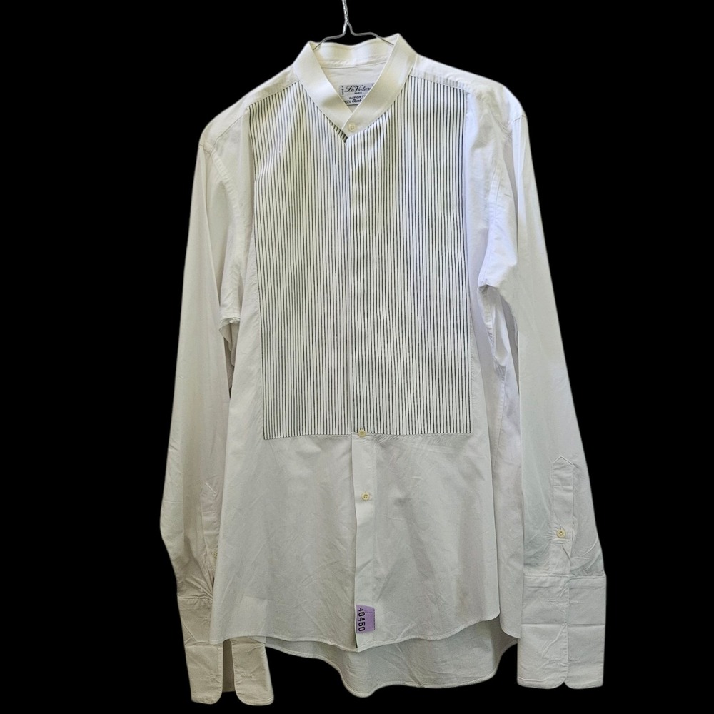 La Valiere Tuxedo Shirt Men 16/35 White Black Striped Button Up French Cuff Prep